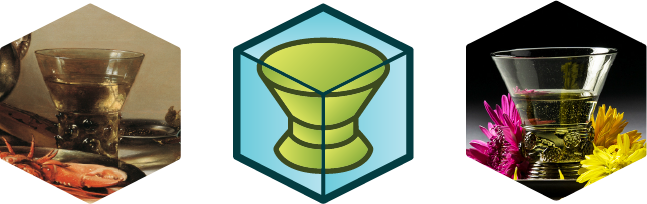 A row of three hexagons. The first a painting of a berkemeyer glass, the second the company logo with a stylized glass, and the final a photo of a berkemeyer glass.